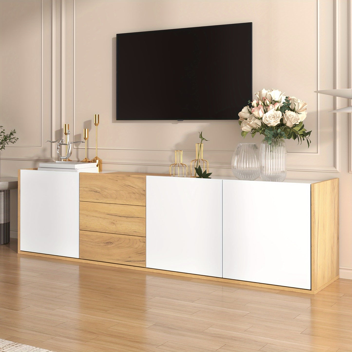TV-meubel – TV-kast – Mediameubel – Entertainmentmeubel – Lowboard – Wit en Houtkleur – Wandmontage en Vrijstaand – Onderhoudsvriendelijk materiaal