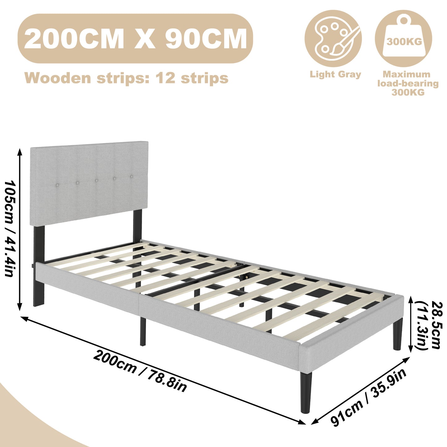 Linnen Gestoffeerd Bedframe – Bedframe Met Hoofdsteun – Ledikant – Slaapbank – Bedbodem – Donkergrijs Lichtgrijs – Met Metalen Lattenbodem – 90x200 cm – Eenvoudige Montage