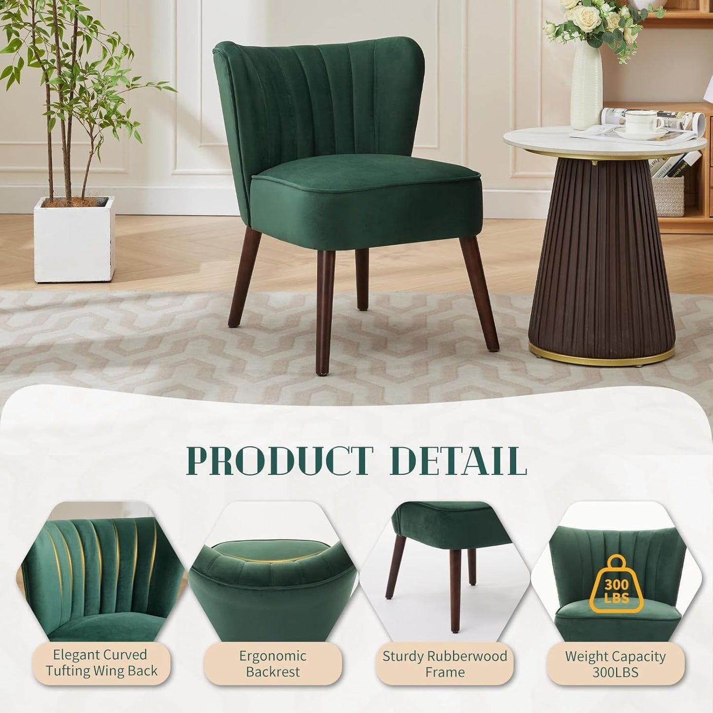 Mid-Century Moderne Loungestoel – Accentstoel – Fauteuil – Eetkamerstoel – Velvet Stoel – Groen – Gelamineerd Houten Frame – Verstelbare Poten voor Stabiliteit