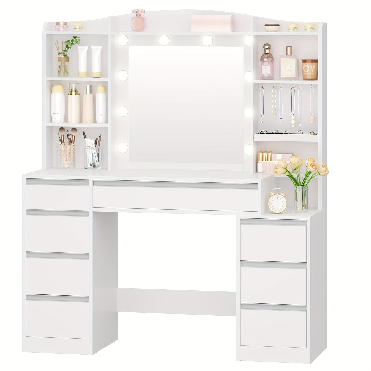 Make-up Tafel – Schminktisch – Vanity – Make-up Station – Dressing Table – RGB LED Verlichting – 100 cm Breed – 8 Laden Met Sieradenopslag