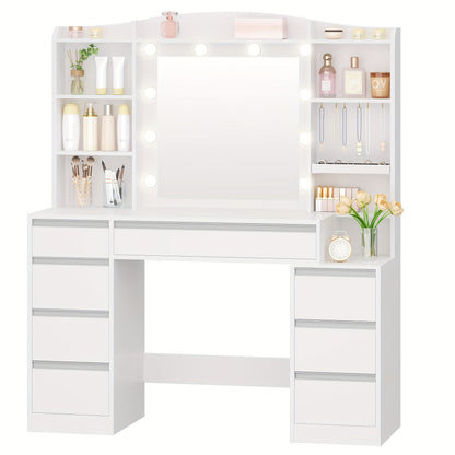 Make-up Tafel – Schminktisch – Vanity – Make-up Station – Dressing Table – RGB LED Verlichting – 100 cm Breed – 8 Laden Met Sieradenopslag
