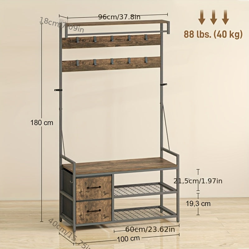 Kapstok – Staande Kapstok – Garderoberek – Kapstok Met Schoenenrek – Kapstok Met Bank – Industrieel Design – Zware Metalen Constructie – 10 Haken & 2 Stoffen Lades