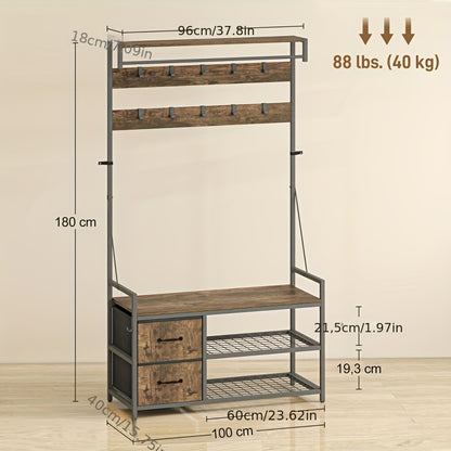 Kapstok – Staande Kapstok – Garderoberek – Kapstok Met Schoenenrek – Kapstok Met Bank – Industrieel Design – Zware Metalen Constructie – 10 Haken & 2 Stoffen Lades