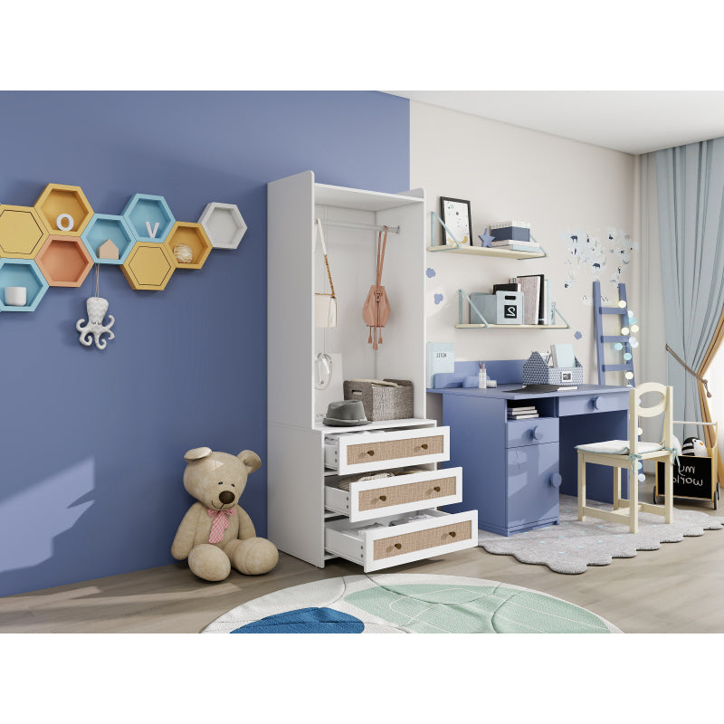 Boho Kast – Kledingkast – Opbergkast – Dressoir – Ladekast – Wit Met Rattan Accenten – 180 cm Hoog – MDF Met Melamine Coating