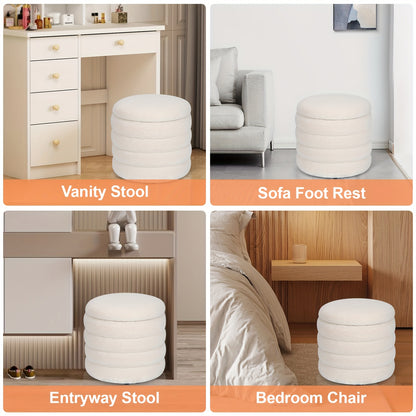 Opberg Poef – Opbergkruk – Zitkist – Hocker – Opbergbox – Rond – Wit – Polyester Bekleding – Flip-Top Deksel – Compact & Multifunctioneel