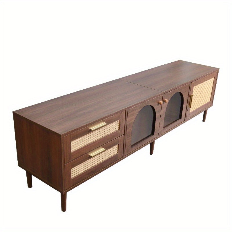 180cm TV Meubel – Tv Stand Living Room – Meubel Tv Met Rattan Lades – Tv Kast Met Glasdeuren – Entertainment Center – Metaal Frame – Stijlvol Design