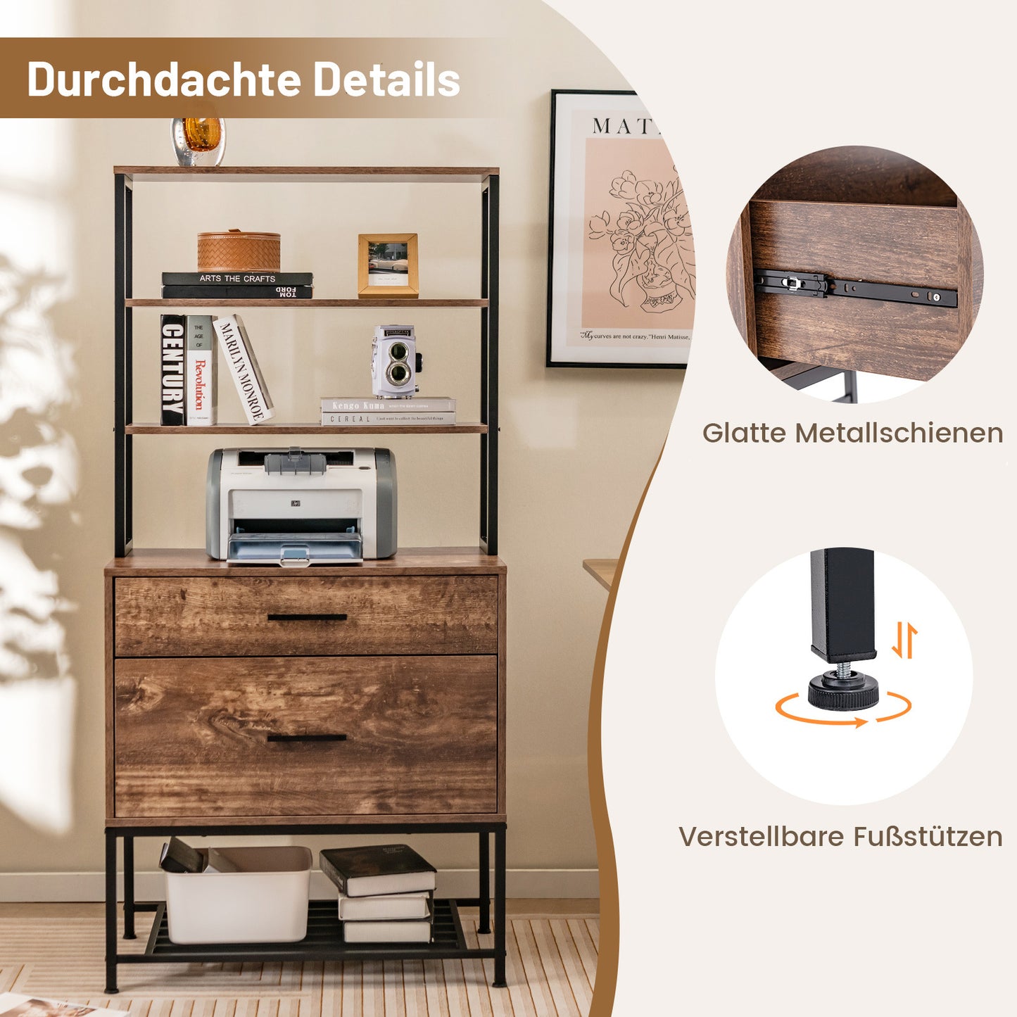 Archiefkast – Filekast – Kantoorrek – Documentenkast – Ladenkast – Vintage Bruin – 3 Open Planken – 2 Grote Laden Voor Hangmappen