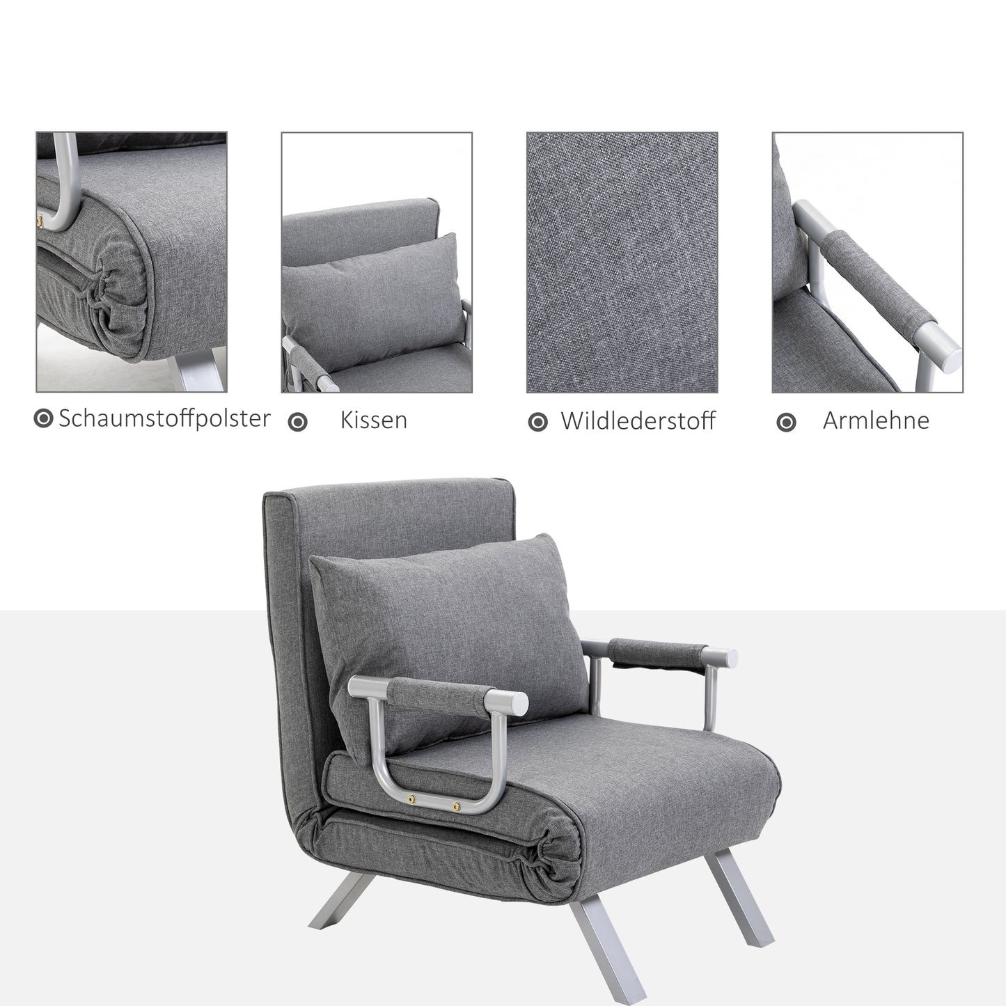 3-in-1 Opklapbare Sofa – Slaapbank – Relaxstoel – Verstelbare Bank – Eenpersoonsbed – Lichtgrijs Linnen – Compact Formaat – Zonder Stroom