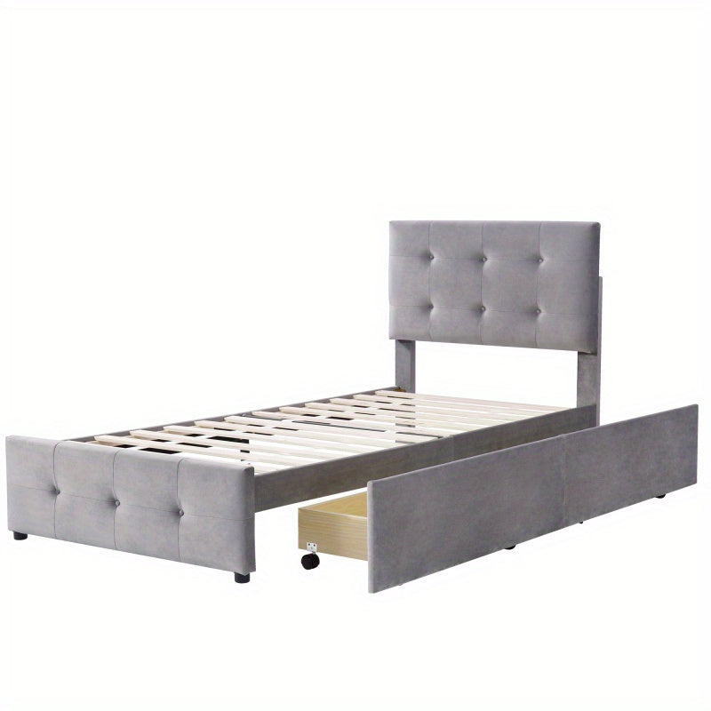 Eenpersoonsbed – Bed – Jongerenbed – Logeerbed – Slaapbed – Verstelbaar Hoofdbord – Zachte Velvet Stof – 90x200 cm – Met Opberglades – Grijs