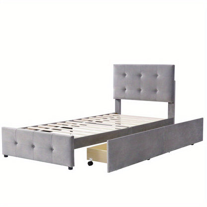 Eenpersoonsbed – Bed – Jongerenbed – Logeerbed – Slaapbed – Verstelbaar Hoofdbord – Zachte Velvet Stof – 90x200 cm – Met Opberglades – Grijs