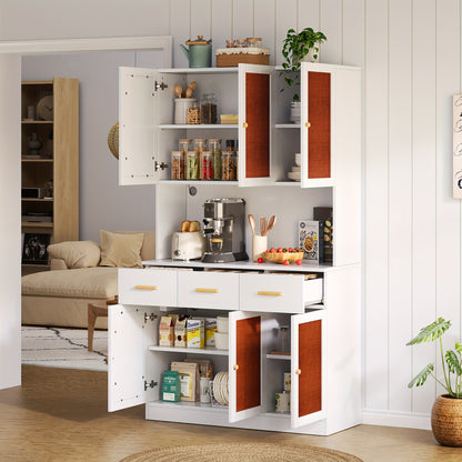 Keukenkast – Keukenopberger – Keukenmeubel – Opbergkast – Buffetkast – Vrijstaand – 182 cm Hoog – Wit Met Houten Handgrepen