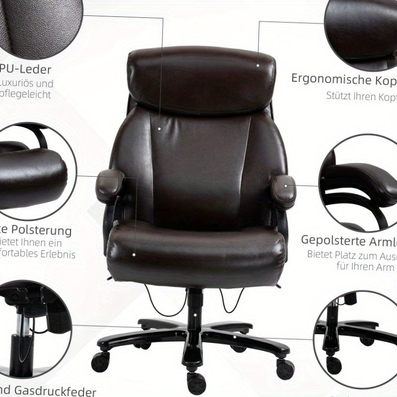 Bureaustoel – Kantoostoel – Gamestoel – Werkstoel – Ergonomische Stoel – Verstelbare Hoogte – Dikke Bekleding – 180 kg Draagkracht – Draaibaar – Zwart Bruin – Roestvrijstalen Frame