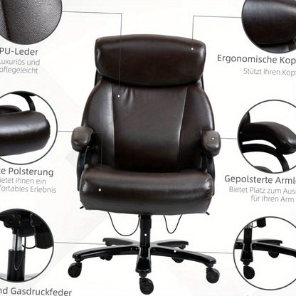 Bureaustoel – Kantoostoel – Gamestoel – Werkstoel – Ergonomische Stoel – Verstelbare Hoogte – Dikke Bekleding – 180 kg Draagkracht – Draaibaar – Zwart Bruin – Roestvrijstalen Frame