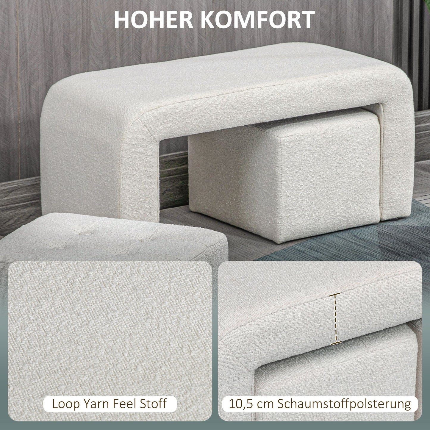 Poef Set – Ottoman – Voetenbankje – Zitelement – Bijzetpoef – Crème – 3-Delig – Button Tufted Design – 89x42,5x45 cm