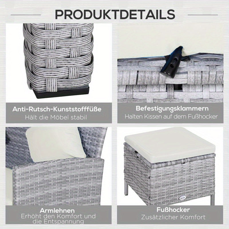 5-Tlg. Gartenmöbel Set, Rattan Sitzgruppe Mit Fußhocker, Metall, Grau, 142 X 60 X 75 Cm