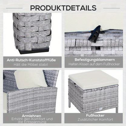 5-Tlg. Gartenmöbel Set, Rattan Sitzgruppe Mit Fußhocker, Metall, Grau, 142 X 60 X 75 Cm