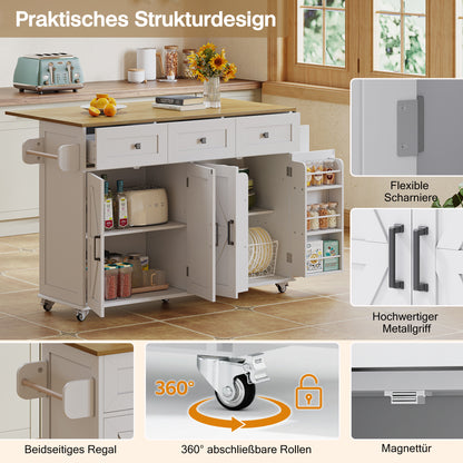Keukenwagen – Keukentrolley – Keukenkar – Keukenmeubel – Keukenblad – Uitklapbaar Werkblad 70 cm – Witte MDF Mobiele Keukenwagen Met 4 Deuren en 3 Lade