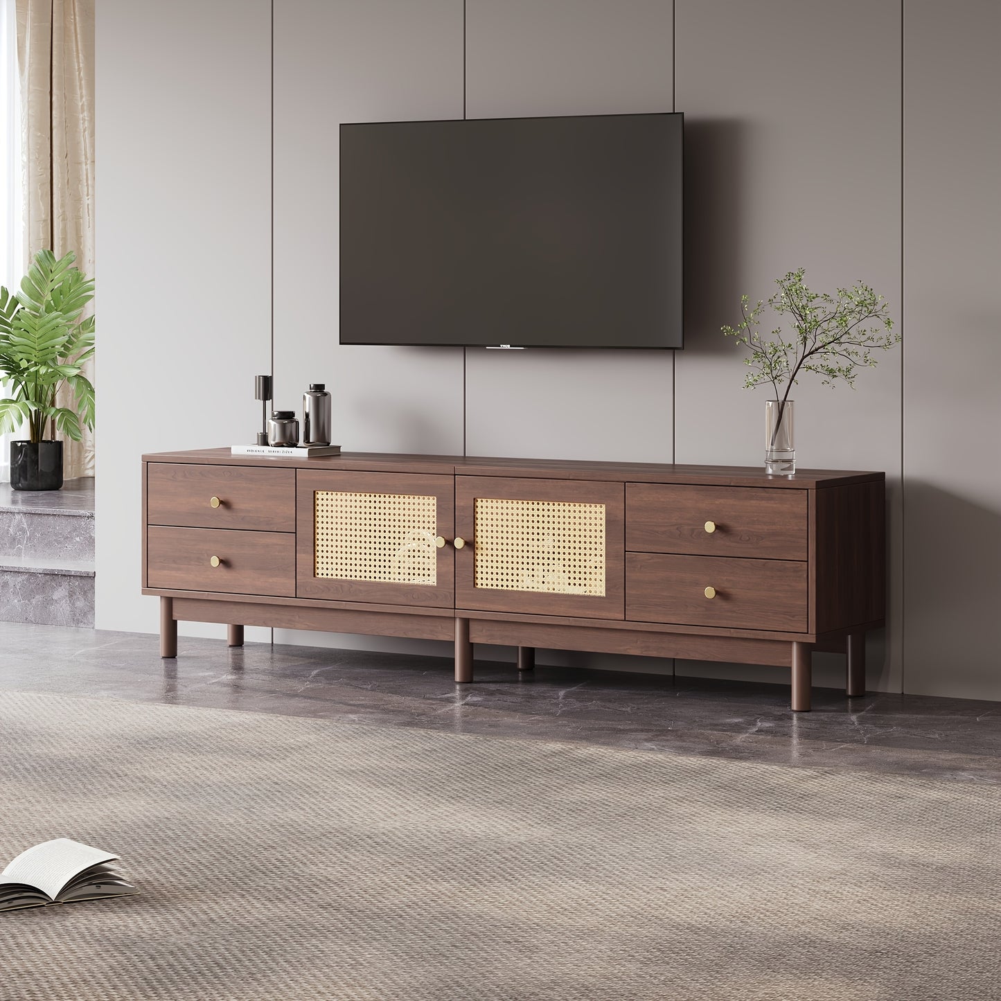 Tv-meubel – Tv-standaard – Tv-kast – Tv-buffet – Donker Hout – Rieten Deuren – 179,83 cm Breed – Hydraulische Scharnieren & Kabelmanagement