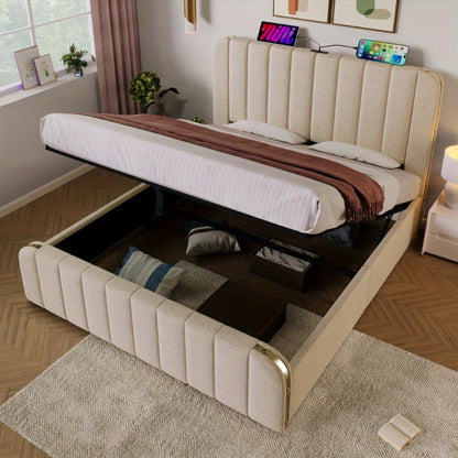Upholstery Tweepersoonsbed – Bedframe – Slaapbank – Opbergbed – Hydraulisch Bed – 160x200 cm – Beige Linnen – Gouden Rand Hoofdeinde
