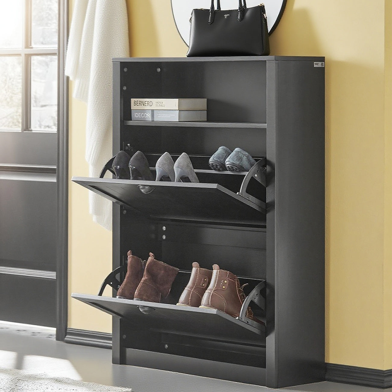 Schoenenkast – Schoenopberger – Schoenrek – Schoenmeubel – Dressoir – Wit – Twee Inklapbare Lades – Glazen Bovenblad
