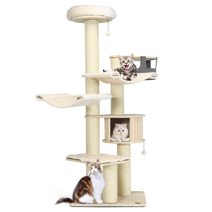Krabpaal – Kattenkrabpaal – Kattenboom – Kattenhuis – Krabmeubel – 7 Niveaus – 197 cm Hoog – Inclusief Hangmat, Grot en Speelballen – Beige – Massief Hout & Sisal Bekleding