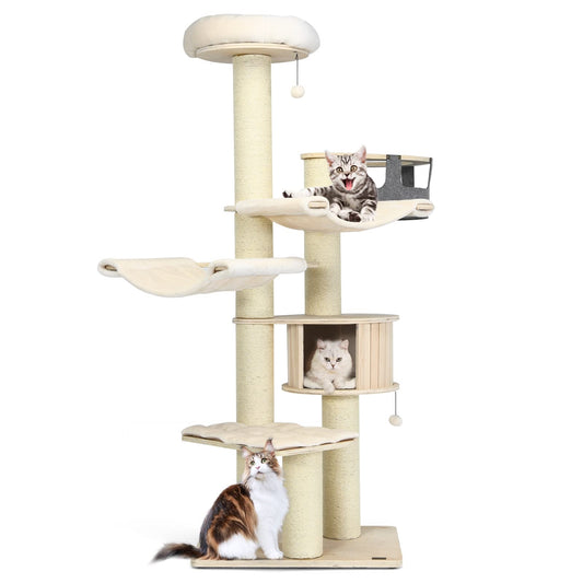Krabpaal – Kattenkrabpaal – Kattenboom – Kattenhuis – Krabmeubel – 7 Niveaus – 197 cm Hoog – Inclusief Hangmat, Grot en Speelballen – Beige – Massief Hout & Sisal Bekleding