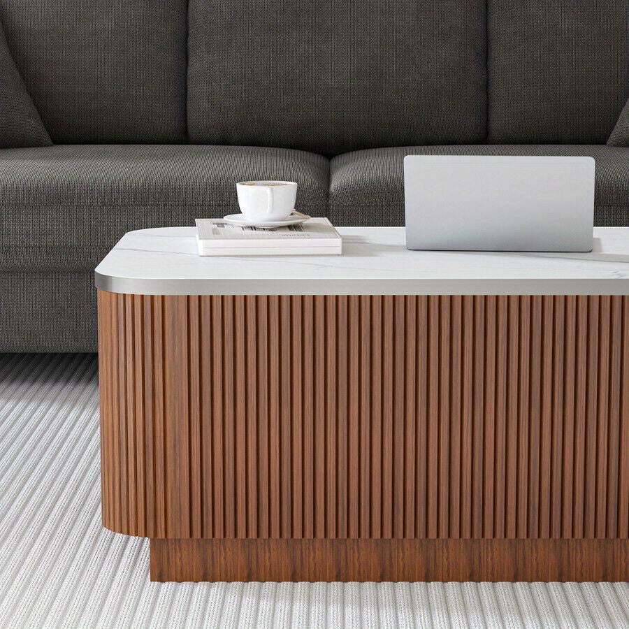 Salontafel – Koffietafel – Tafel – Opbergtafel – Woonkamertafel – Walnootafwerking – Push-to-Open Deuren – Ruime Opbergruimte – Mid Century Modern Design