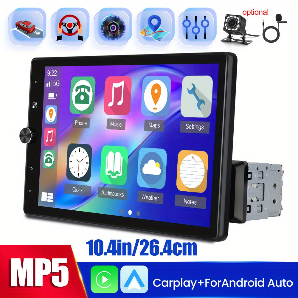 Autoradio Single DIN – Auto Multimedia Speler – Draaibaar Scherm – Touchscreen Radio – CarPlay Android Auto – 10,4 Inch HD Scherm – AHD Camera Ondersteuning