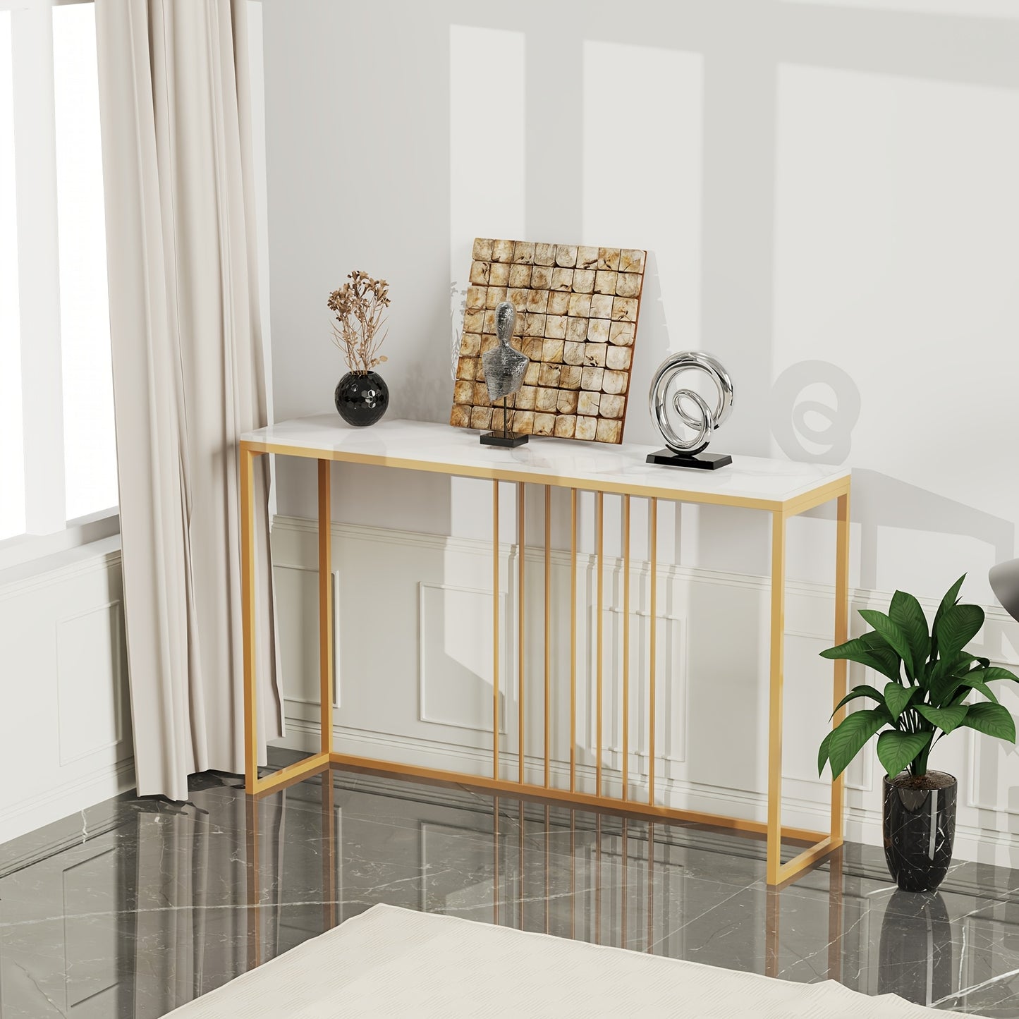 Sidetable – Consolle Tafel – Wandtafel – Haltafel – Dressoir – Wit Sintered Stone Blad – Gouden Metalen Frame – 120x30x79 cm – Krasbestendig & Onderhoudsvriendelijk