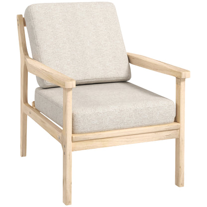 Scandinavische Fauteuil – Relaxstoel – Leunstoel – Woonkamerstoel – Slaapkamerstoel – Linnen-Effect Bekleding – Verwijderbare Wasbare Kussens – Licht Houten Frame – Beige – 62 x 82 x 82 cm