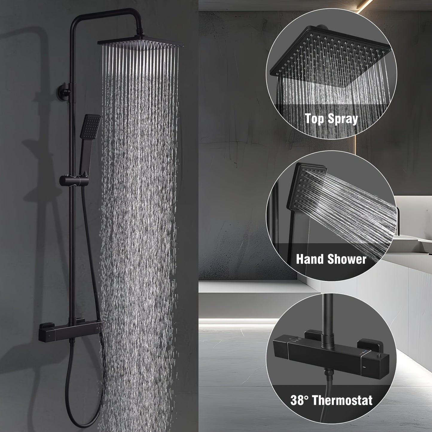 Regendouche – Doucheset – Douche Systeem – Douchekop – Thermostaatkraan – Mat Zwart – RVS Regendouche 22x22 cm – Thermostatische Veiligheid 38°C