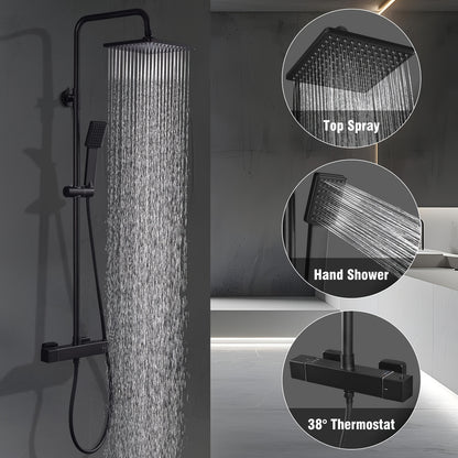 Regendouche – Doucheset – Douche Systeem – Douchekop – Thermostaatkraan – Mat Zwart – RVS Regendouche 22x22 cm – Thermostatische Veiligheid 38°C