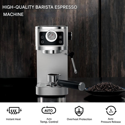 Espressomachine – Koffiezetter – Espressoapparaat – Cappuccinomachine – Melkopschuimer – 20-Bar Italiaanse Pomp – Roestvrij Stalen Behuizing 1,3L Reservoir
