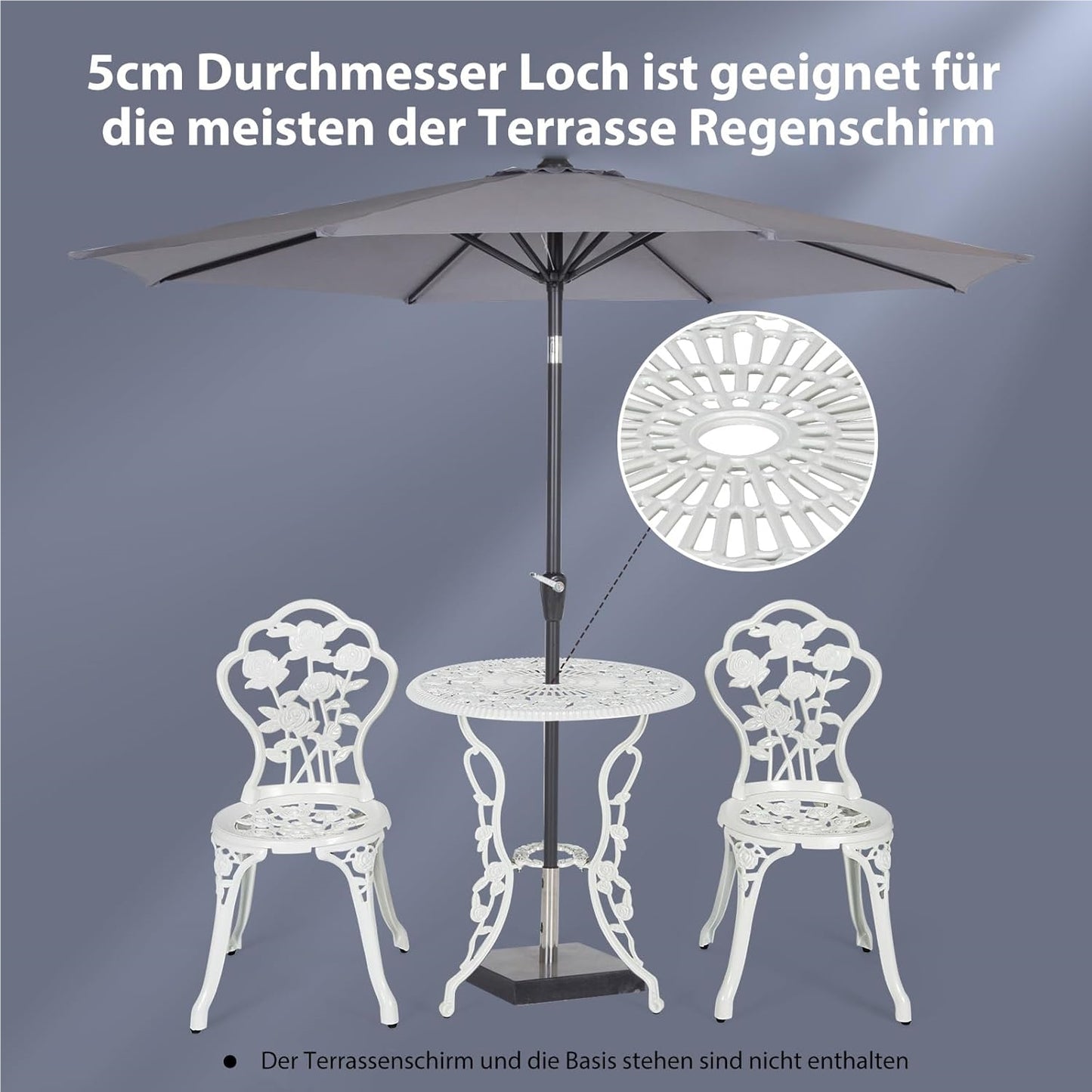Tuinmeubelset – Balkonset – Bistroset – Terrasmeubilair – Tuinset – Wit – Aluminium Gietijzer – Weerbestendig & Inclusief Parasolgat