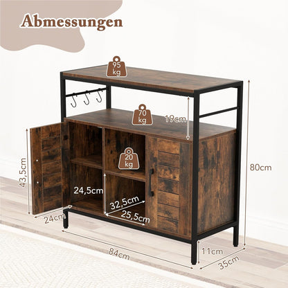 Houten Dressoir – Sideboard – Keukenkast – Buffetkast – Opbergkast – Industrieel – Verstelbare Planken – Inclusief 3 Haken – Bruin Zwart