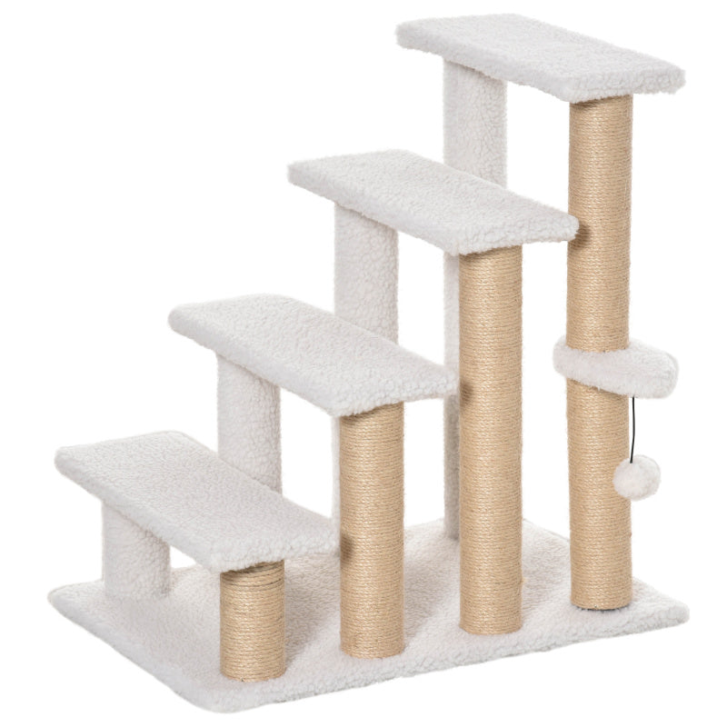 Huisdierentrap – Dierentrap – Hondentrap – Kattentrap – Huisdierenladder – Stevige MDF Trap – Met Pluche Bekleding en Sisal Krabpaal – 60x40x64 cm – Wit/Beige