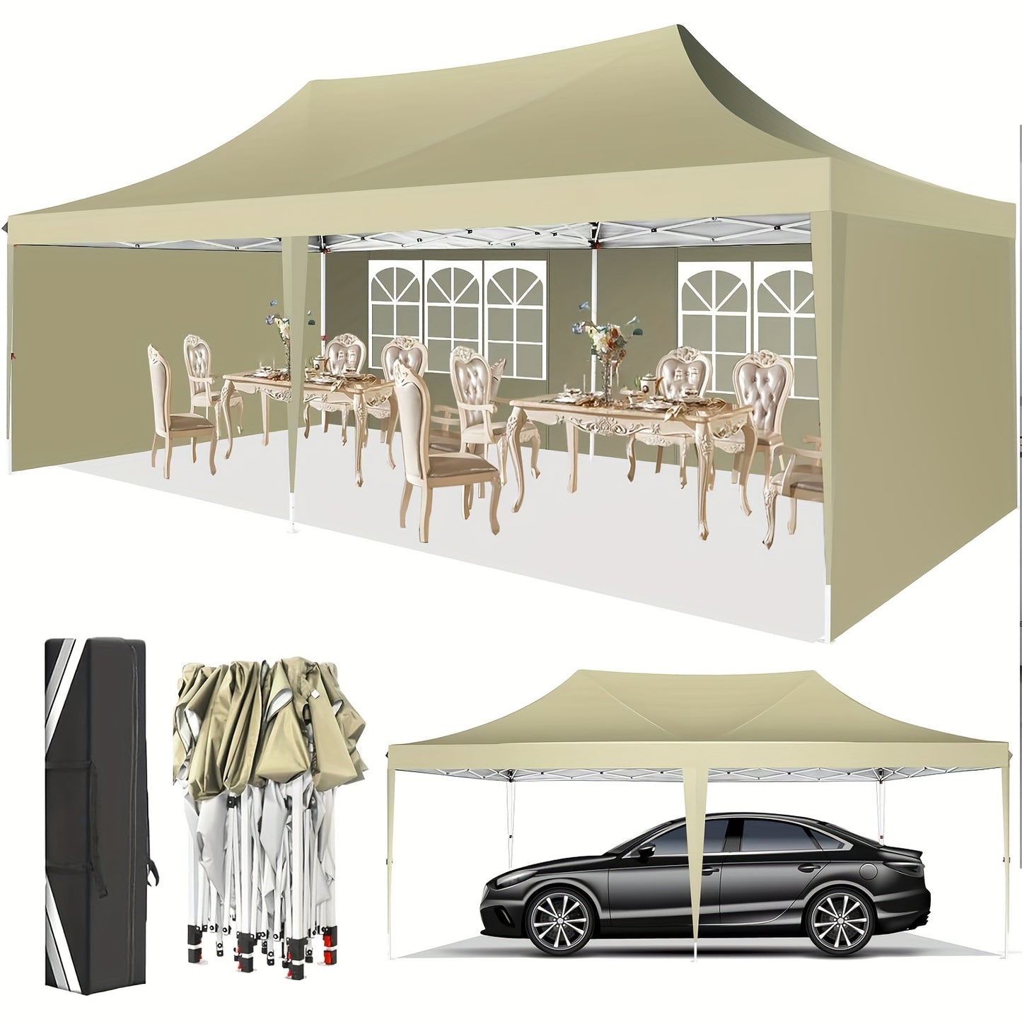 Pop Up Tent – Voortent – Gazebo – Partytent – Zonnescherm – 10x20 Meter – 6 Verwijderbare Zijkanten – UV50+ Bescherming – 3 Verstelbare Hoogtes – Inklapbaar Met Draagtas – Hydrofobe Buitenhoes – Khaki