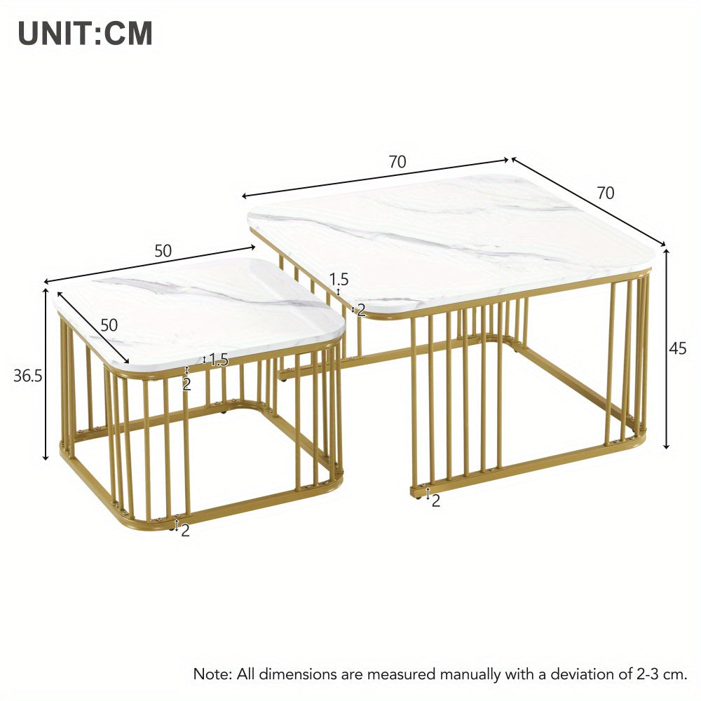 Salontafel – Koffietafel – Bijzettafel – Tafeltje – Woonkamertafel – Hoogglans Marmerlook – Verstelbare Poten – Set van 2 (60x60x45 & 45x45x40 cm)