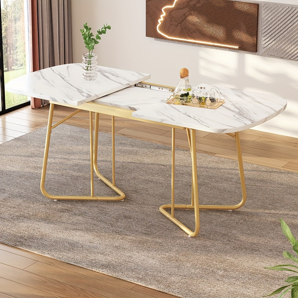 Uitklapbare Eettafel – Uitschuifbare Tafel – Inklapbare Eettafel – Klaptafel – Verlengbare Eettafel – Wit Marmerlook – Goudkleurige Metalen Poot – Geschikt Voor 4-6 Personen