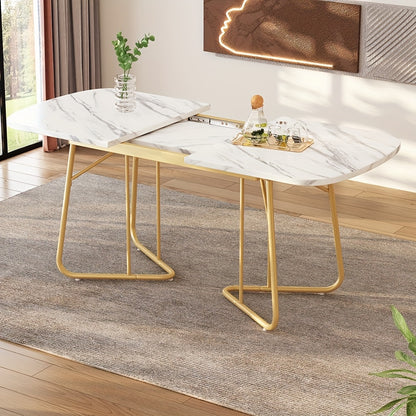 Uitklapbare Eettafel – Uitschuifbare Tafel – Inklapbare Eettafel – Klaptafel – Verlengbare Eettafel – Wit Marmerlook – Goudkleurige Metalen Poot – Geschikt Voor 4-6 Personen