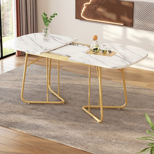 Uitklapbare Eettafel – Uitschuifbare Tafel – Inklapbare Eettafel – Klaptafel – Verlengbare Eettafel – Wit Marmerlook – Goudkleurige Metalen Poot – Geschikt Voor 4-6 Personen