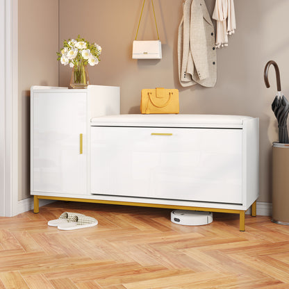 Schoenenkast – Schoenenopberger – Schoenentoren – Schoenmeubel – Schoenenrek – Modern Wit Met Gouden Accenten – Ruimtebesparend 100x38x68 cm – Met Zitting En Verborgen Uittrekbare Schoenlade