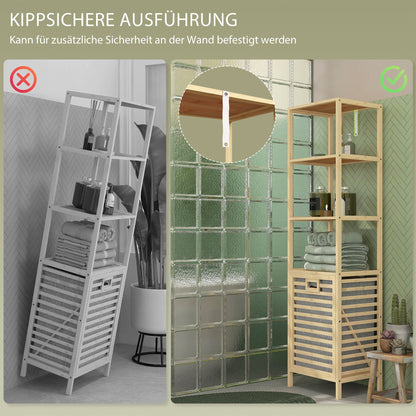 Badkamerkast – Badkamermeubel – Opbergkast – Wasmandkast – Smalle Kast – Bamboe Frame – Ingebouwde Wasmand Met Afneembare Zak – Compact Hoog Design 44x33x160cm