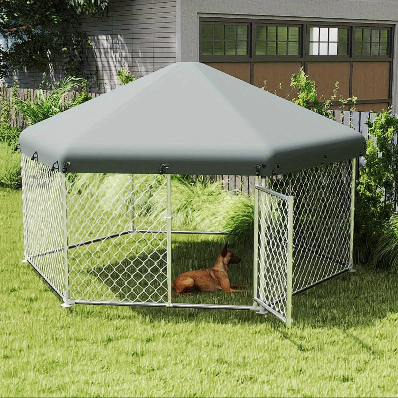 Hondenkennel – Hondenren – Hondenkooi – Buitenkennel – Hondenhok – Ruim 280x250x165 cm – Gegalvaniseerd Staal – Weerbestendig Met Dak en Slot