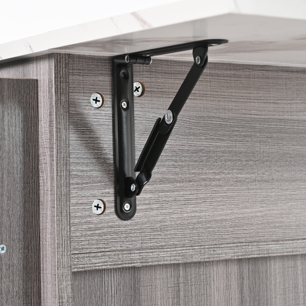 Modern Mobile Dining Trolley/Sideboard Cabinet with White Marble Countertops & Gray Veneer - Folding Worktop, Storage Doors, Assembly Required - Space-Saving Mobile Furniture for Small Apartments/Kitchens (Metal Frame)
