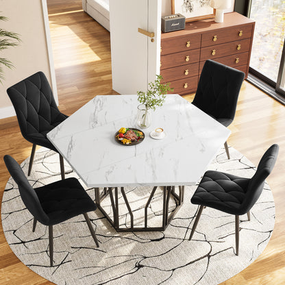 Zeshoekige Eettafel – Hexagonale Tafel – Woonkamertafel – Design Eettafel – Keukentafel – Marmerlook MDF Blad – Stevig Zwart Metalen Onderstel
