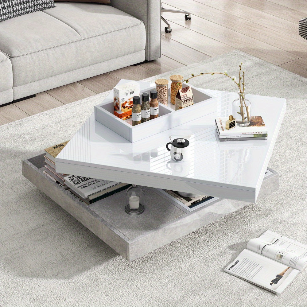 Sofa Tafel – Salontafel – Bijzettafel – Banktafel – Woonkamer Tafel – 360° Draaibaar Bovenblad – Wit Marmer MDF – Dubbel Laags – Uitbreidbaar Art Deco Design