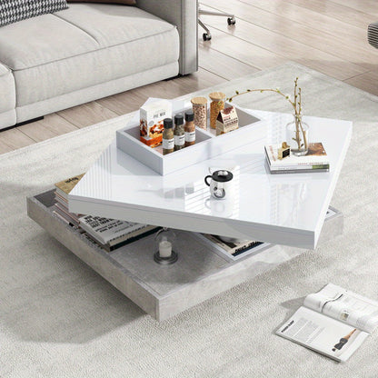 Sofa Tafel – Salontafel – Bijzettafel – Banktafel – Woonkamer Tafel – 360° Draaibaar Bovenblad – Wit Marmer MDF – Dubbel Laags – Uitbreidbaar Art Deco Design