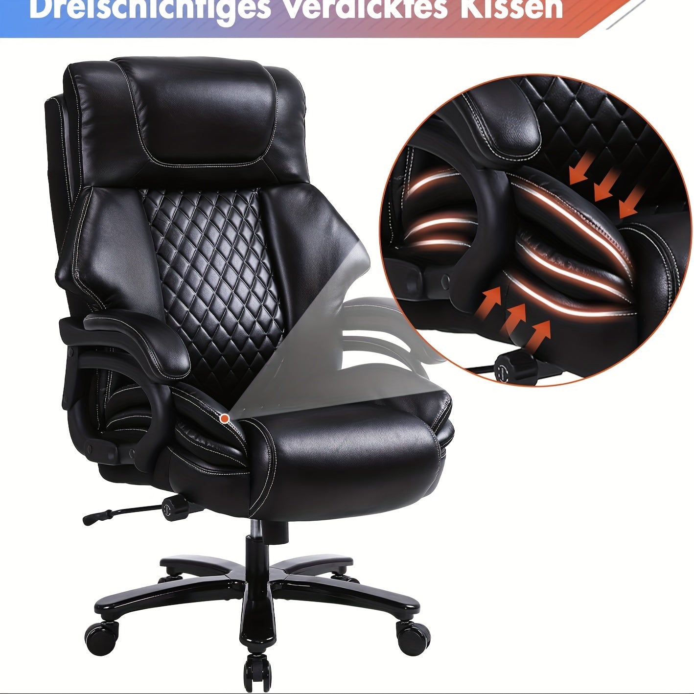 Bureaustoel – Office Chair – Draaistoel – Desk Chair – Executive Chair – Ergonomisch – Hoog Draagvermogen 200 kg – Verstelbare Lendensteun – Leder Zwart