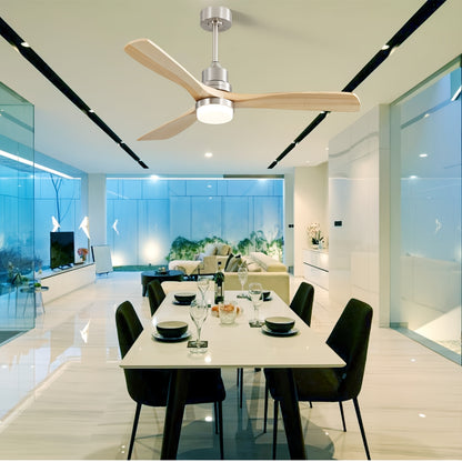 Plafondventilator – Ventilator – Luchtcirculator – Plafondwaaier – Houtventilator – Brushed Nickel Met Massief Houten Bladen – 132 cm – Dimbare LED-verlichting & Reversibele Stille DC Motor